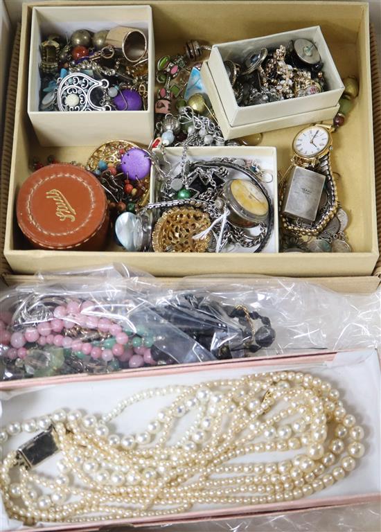 Assorted costume and other jewellery including Mexican 925 pill box, fob watch etc.
